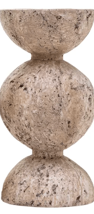 Beige speckled stone candleholder with stacked sphere and disc silhouette design