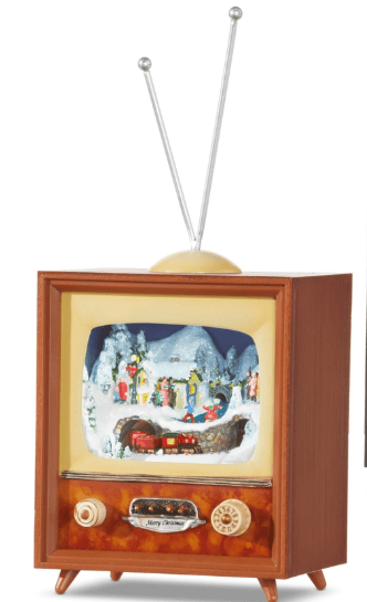Retro wooden TV decoration with animated Christmas village scene and silver antennae