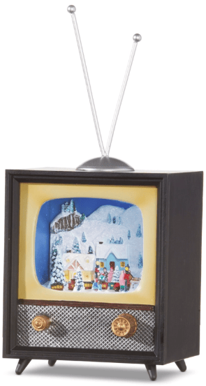 Animated musical lighted retro black TV decoration with winter village scene and rabbit ear antennas