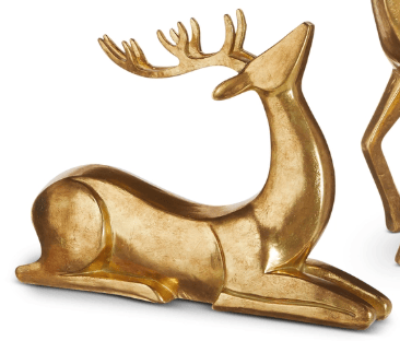 Aged gold metallic sitting deer figurine with antlers, decorative holiday décor