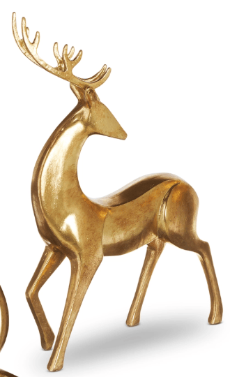 Aged gold metallic deer figurine with antlers in elegant standing pose