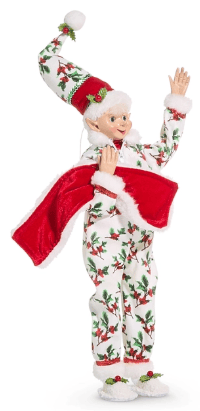 RAZ 16-inch posable elf figurine in white holly-print pajamas with red Santa hat