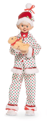 16-inch posable elf in white polka dot pajamas holding a stuffed animal, red Santa hat