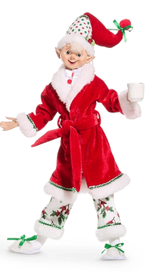 RAZ 16-inch posable elf doll in red velvet pajama robe and polka dot hat