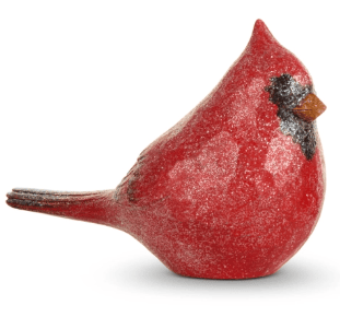 Red glittered ceramic cardinal figurine with black mask and orange beak