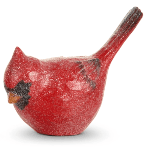 Red glitter cardinal bird figurine with black markings and raised tail
