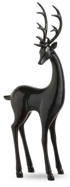 Glossy black deer figurine with antlers, standing pose, 16.5 inch decorative statue