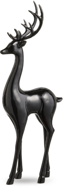Glossy black deer figurine with antlers, standing pose, 16.5 inches tall
