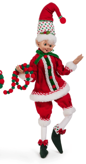 16-inch posable Christmas elf figurine in red suit with polka dot hat and pom-pom garland
