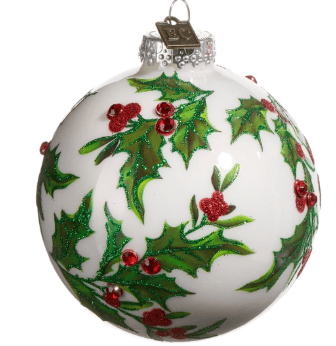 White glass ball ornament with green holly leaves and red berries pattern
