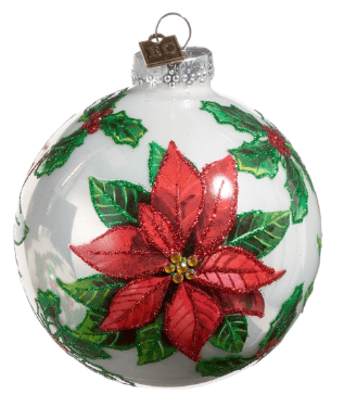 Raz white glass ball ornament with red poinsettia and green holly leaves