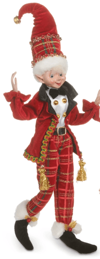 Posable elf figurine in red plaid suit with tall jester hat and gold bells