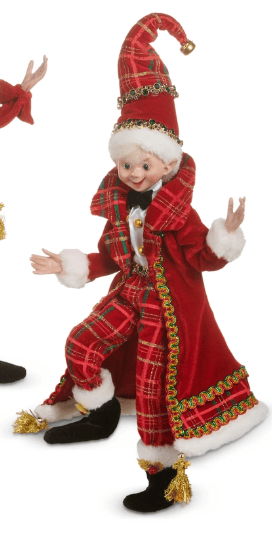 Posable elf figurine in red plaid coat and tall jester hat with gold trim