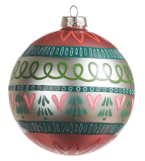 Red and silver glass ball ornament with teal stripes, scrolls, and pink heart motifs