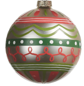 5-inch silver Christmas ball ornament with red, green, and white zigzag stripe patterns
