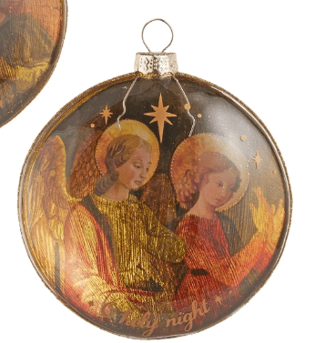 RAZ 4-inch glass disc ornament featuring two golden angels and a star on dark background