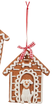 Gingerbread doghouse ornament with white icing, dog cutout, and red plaid ribbon
