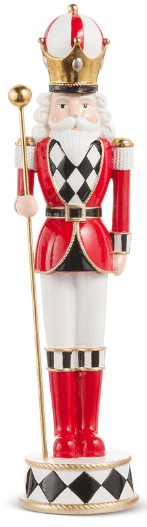 Raz 14.5-inch red and white harlequin nutcracker figurine with gold crown and scepter