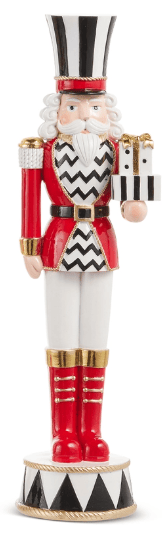Raz 14.5 inch red white black chevron nutcracker with top hat and gift box