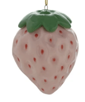 Ceramic strawberry ornament in pale pink with red dots and green leaf top