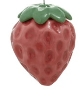 Ceramic strawberry ornament with embossed texture, dusty rose body and green leafy top