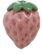 Pink ceramic strawberry ornament with embossed texture and green leafy top