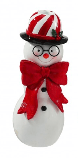 White snowman taper candle holder with red bow, glasses, and candy stripe hat