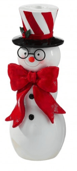 White snowman taper candle holder with red bow, top hat, and glasses