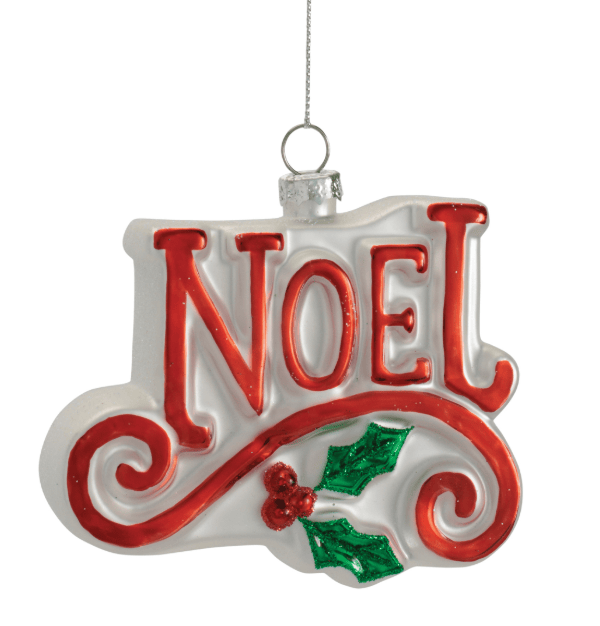 Glass NOEL Christmas ornament in red and white with holly accent