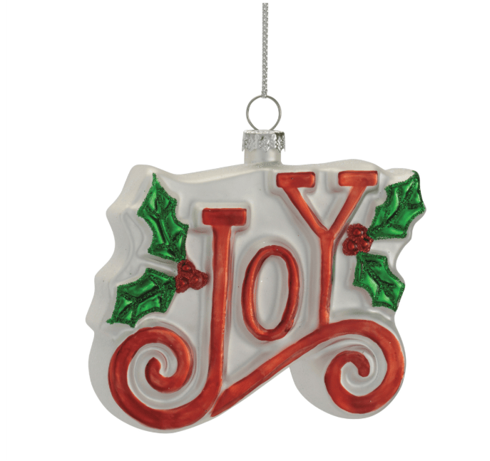 Melrose white glass JOY ornament with red lettering and green holly accents