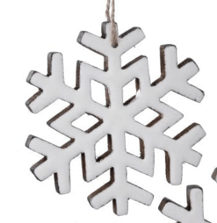 White enamel wooden snowflake ornament with brown edges and hanging twine string