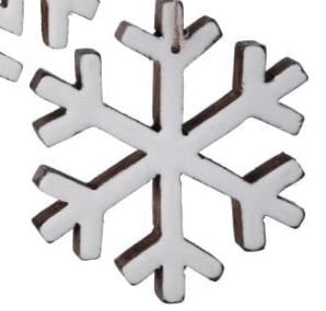 White enamel wooden snowflake ornament with brown rustic edges, 4 inch