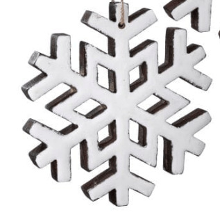 White enamel wood snowflake Christmas ornament with dark brown edges, 6 inch