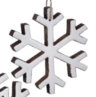 White and dark brown wooden snowflake ornament with string hanger, 6 inch