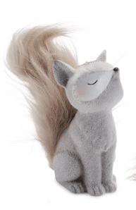 Gray resin fox figurine with fluffy faux fur tail, eyes closed
