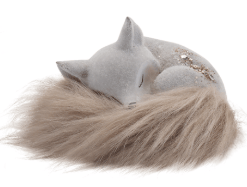 Sleeping resin fox figurine with gray body and fluffy faux fur tail