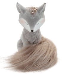 Gray resin fox figurine with floral crown and fluffy tan faux fur tail