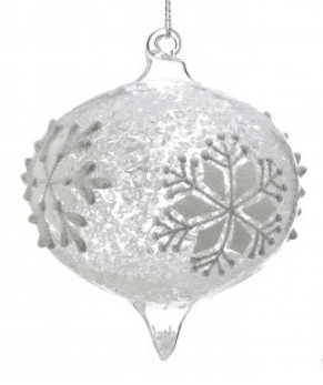 White glass onion finial ornament with silver glitter snowflake pattern and icicle tip