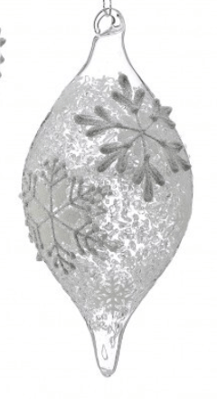 Silver glass finial ornament with snowflake pattern and glittery textured finish