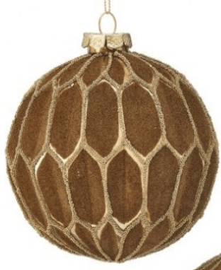 Brown flocked glass ball ornament with gold honeycomb lattice pattern, 4 inch