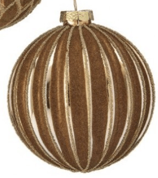 Brown flocked glass ball ornament with gold glitter stripes, 4 inch
