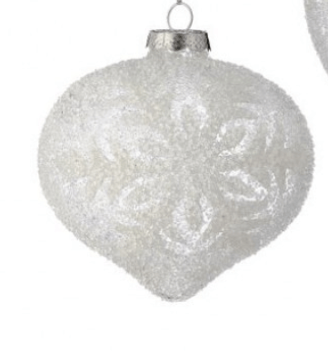 White glass heart-shaped ornament with beaded snowflake design and silver cap