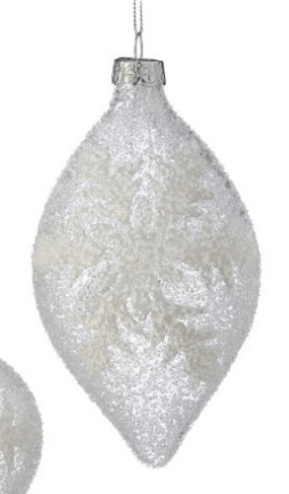 White glass teardrop ornament with beaded snowflake pattern and silver cap