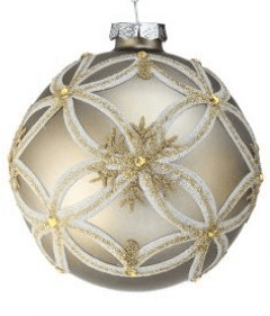 Matte champagne gold glass ball ornament with glitter snowflake and lattice design