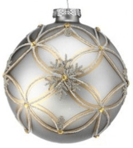 Matte silver glass ball ornament with gold lattice pattern and glitter snowflake center
