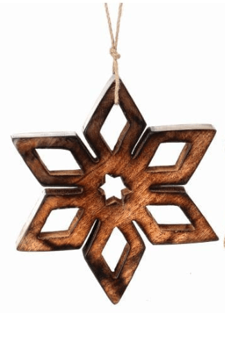 8-inch carved wood snowflake ornament with cutout geometric pattern and jute string