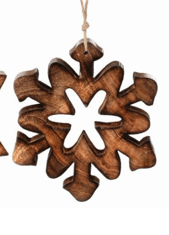 Rustic brown carved wood snowflake Christmas ornament with jute twine hanger