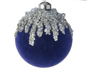 Navy blue velvet ball ornament with silver ice sequin beaded drip details
