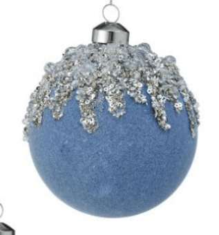 Blue velvet ball ornament with silver sequin ice drip detailing and silver cap