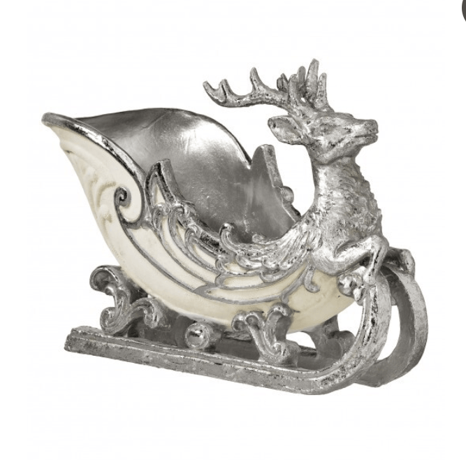 Silver and cream resin decorative sleigh with leaping reindeer figurine accent
